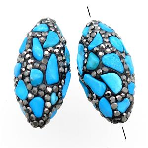 Clay rice beads paved rhinestone with turquoise, approx 15-32mm