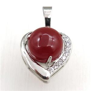 red carnelian agate pendant paved rhinestone, heart, platinum plated, approx 11mm, 17mm