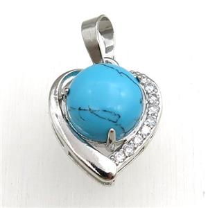 blue synthetic Turquoise pendant paved rhinestone, heart, platinum plated, approx 11mm, 17mm