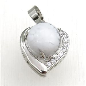 white howlite pendant paved rhinestone, heart, platinum plated, approx 11mm, 17mm