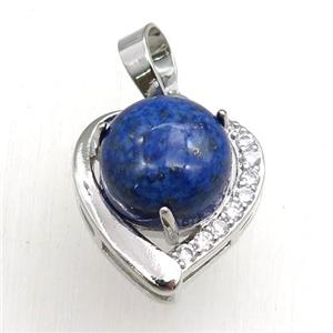 blue lapis pendant paved rhinestone, heart, platinum plated, approx 11mm, 17mm