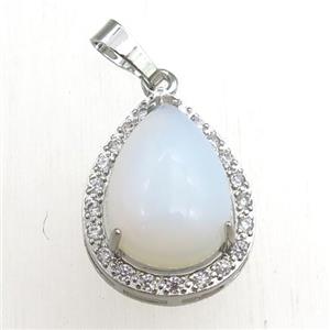 white opalite pendant paved rhinestone, teardrop, platinum plated, approx 13-18mm, 18-25mm