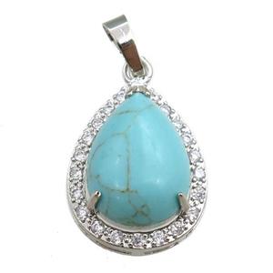 green synthetic turquoise pendant paved rhinestone, teardrop, platinum plated, approx 13-18mm, 18-25mm