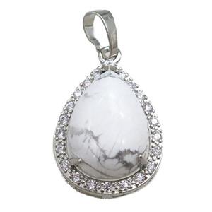 white howliste turquoise pendant paved rhinestone, teardrop, platinum plated, approx 13-18mm, 18-25mm