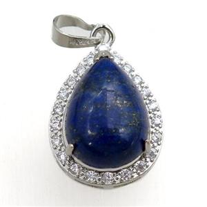 blue lapis pendant paved rhinestone, teardrop, platinum plated, approx 13-18mm, 18-25mm