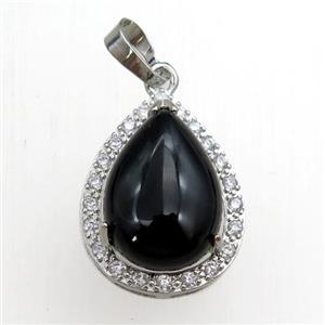 black onyx agate pendant paved rhinestone, teardrop, platinum plated, approx 13-18mm, 18-25mm