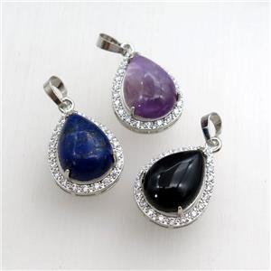mix gemstone pendant paved rhinestone, teardrop, platinum plated, approx 13-18mm, 18-25mm