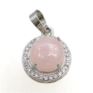rose quartz pendant paved rhinestone, circle, platinum plated, approx 11mm, 16mm dia