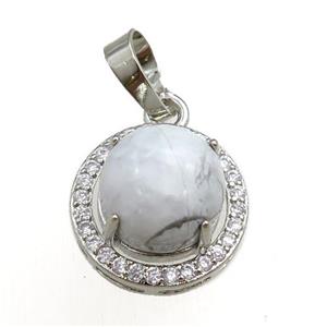 white howlite turquoise pendant paved rhinestone, circle, platinum plated, approx 11mm, 16mm dia
