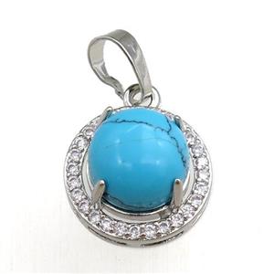blue synthetic turquoise pendant paved rhinestone, circle, platinum plated, approx 11mm, 16mm dia