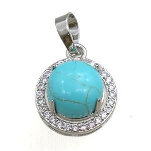 green synthetic turquoise pendant paved rhinestone, circle, platinum plated, approx 11mm, 16mm dia