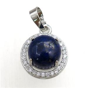 blue lapis pendant paved rhinestone, circle, platinum plated, approx 11mm, 16mm dia