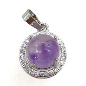purple amethyst pendant paved rhinestone, circle, platinum plated, approx 11mm, 16mm dia