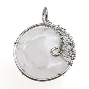 clear quartz pendant, circle, wire wrapped, approx 25mm dia
