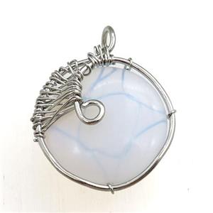 white opalite pendant, circle, wire wrapped, approx 25mm dia