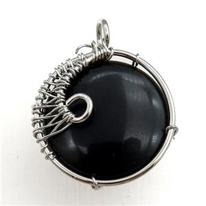 black onyx agate pendant, circle, wire wrapped, approx 25mm dia