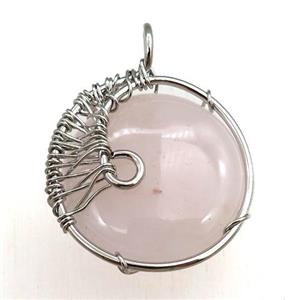 rose quartz pendant, circle, wire wrapped, approx 25mm dia