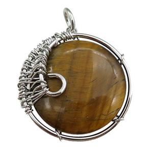 tiger eye stone pendant, circle, wire wrapped, approx 25mm dia