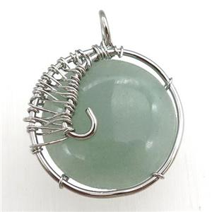 green aventurine pendant, circle, wire wrapped, approx 25mm dia