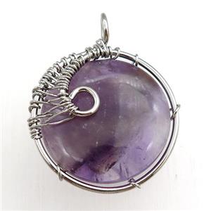 amethyst pendant, circle, wire wrapped, approx 25mm dia