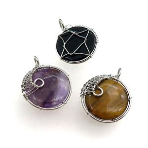 mixed Gemstone pendant, circle, wire wrapped, approx 25mm dia