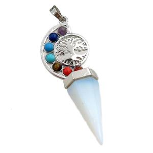 white opalite chakra pendulum pendant, tree of life, platinum plated, approx 18-60mm