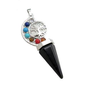 black onyx agate chakra pendulum pendant, tree of life, platinum plated, approx 18-60mm
