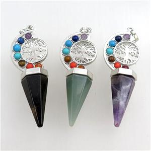 mix gemstone chakra pendulum pendant, tree of life, platinum plated, approx 18-60mm