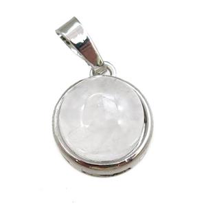 clear quartz pendant, circle, platinum plated, approx 11mm, 13mm dia