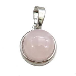 rose quartz pendant, circle, platinum plated, approx 11mm, 13mm dia
