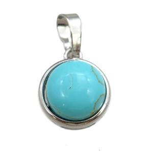 green synthetic turquoise pendant, circle, platinum plated, approx 11mm, 13mm dia