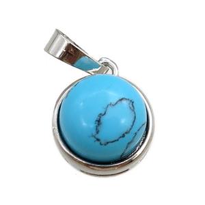 blue synthetic turquoise pendant, circle, platinum plated, approx 11mm, 13mm dia