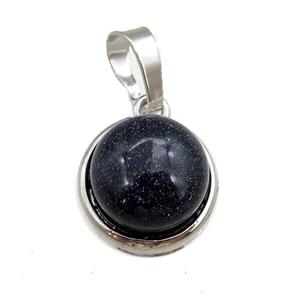 blue sandstone pendant, circle, platinum plated, approx 11mm, 13mm dia