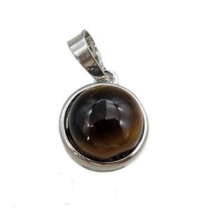 tiger eye stone pendant, circle, platinum plated, approx 11mm, 13mm dia