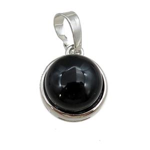 black onyx agate pendant, circle, platinum plated, approx 11mm, 13mm dia