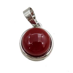 red carnelian agate pendant, circle, platinum plated, approx 11mm, 13mm dia