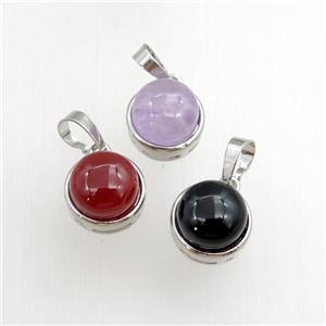 mix gemstone pendant, circle, platinum plated, approx 11mm, 13mm dia