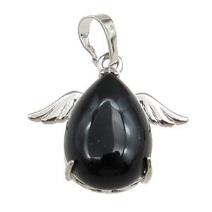 black onyx agate angel pendant, platinum plated, approx 13-18mm, 20-25mm