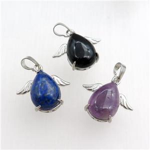 mixed gemstone angel pendant, platinum plated, approx 13-18mm, 20-25mm