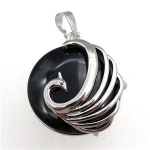 black onyx agate circle pendant with phoenix, approx 25mm