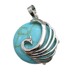 green synthetic turquoise circle pendant with phoenix, approx 25mm