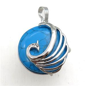 blue synthetic turquoise circle pendant with phoenix, approx 25mm