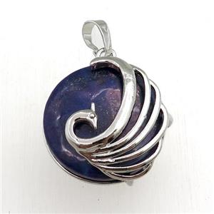 blue lapis circle pendant with phoenix, approx 25mm
