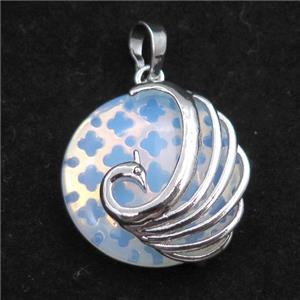 white opalite circle pendant with phoenix, approx 25mm