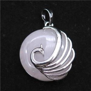 rose quartz circle pendant with phoenix, approx 25mm