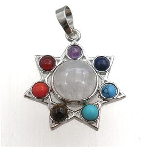 clear quartz chakra pendant, star, platinum plated, approx 11mm, 27mm dia