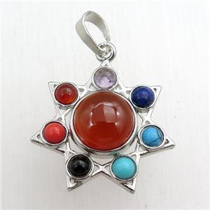 red carnelian agate chakra pendant, platinum plated, approx 11mm, 27mm dia