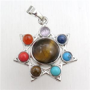 tiger eye stone chakra pendant, platinum plated, approx 11mm, 27mm dia