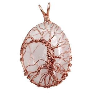 clear quartz oval pendant with tree of life, wire wrapped, approx 30-40mm