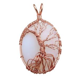 white opalite oval pendant with tree of life, wire wrapped, approx 30-40mm